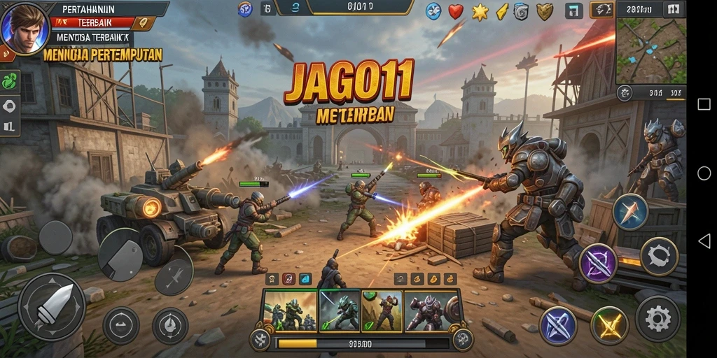 Screenshot utama JAGO11 menampilkan aksi pertahanan menara yang seru.