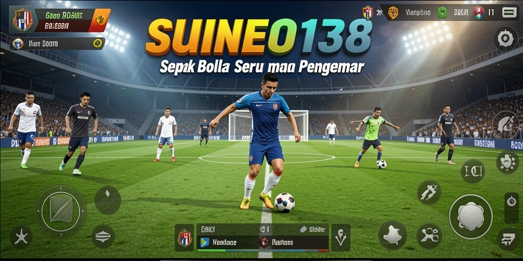 Screenshot utama SUNEO138 menampilkan aksi seru di lapangan sepak bola.